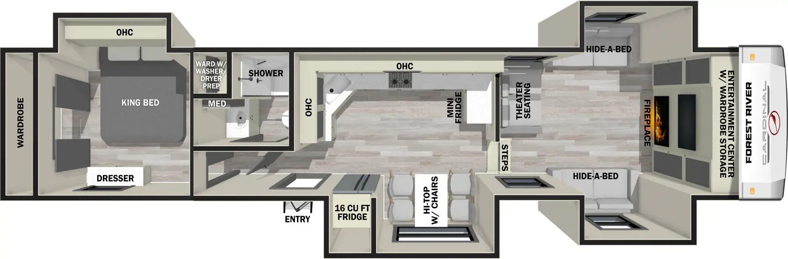 The 35FL has four slideouts and one entry. Interior layout front to back: entertainment center with wardrobe and fireplace, opposing hide-a-bed sofa slideouts, and theater seating across from front entertainment center; steps down to main living area; door side slideout with hi-top with chairs, and refrigerator; kitchen counter with mini fridge wraps from inner wall to off-door side with cooktop and overhead cabinets, and continues to wrap to other inner wall with sink; door side entry; off-door side full bathroom with medicine cabinet; rear bedroom with off-door side closet with washer/dryer prep, and king bed slideout, rear wardrobe, and door side dresser.